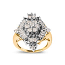 10K Yellow Gold 1 Cttw Round and Baguette cut Diamond Cluster and Rhombus Halo Ring (H-I Color, I1-I2 Clarity) - Ring Size 7-7