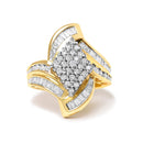 14K Yellow Gold 1-1/3 Cttw Round and Baguette Diamond Bypass Cocktail Ring-1