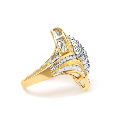 14K Yellow Gold 1-1/3 Cttw Round and Baguette Diamond Bypass Cocktail Ring - 0