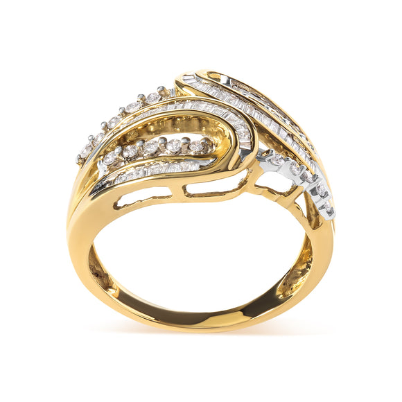 10K Yellow Gold 1/2 Cttw Round and Baguette cut Diamond Open Space Bypass Ring (H-I Color, SI2-I1 Clarity) - Ring Size 7