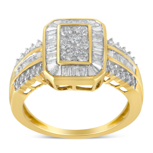 10K Yellow Gold Round and Baguette-Cut Diamond Cocktail Ring (1.0 Cttw, H-I Color, SI2-I1 Clarity) - Size 7