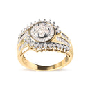 10K Yellow Gold 1 Cttw Round and Baguette cut Diamond Cluster Swirl Band Ring (H-I Color, I1-I2 Clarity) - Ring Size 7-6