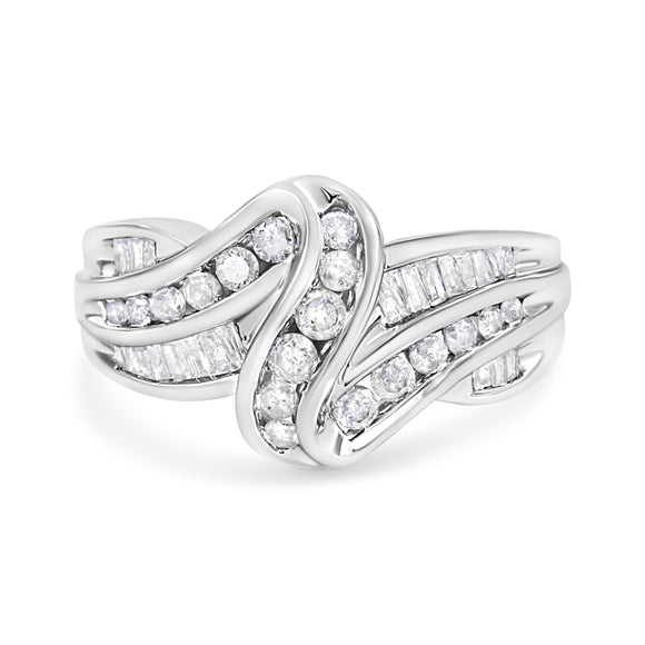 10K White Gold Ring 3/4 Cttw Round and Baguette-Cut Diamond Bypass Ring (H-I Color, I2-I3 Clarity) - Size 6