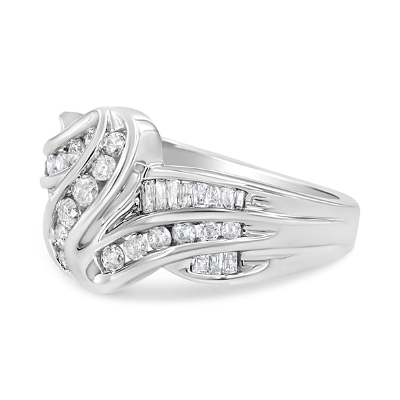 10K White Gold Ring 3/4 Cttw Round and Baguette-Cut Diamond Bypass Ring (H-I Color, I2-I3 Clarity) - Size 6