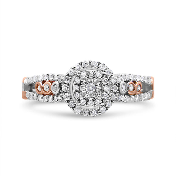 14K Rose Gold Plated .925 Sterling Silver 3/8 Cttw Round Diamond Double Frame Cross-Over Split Shank Engagement Ring (I-J Color, I2-I3 Clarity) - Size 7