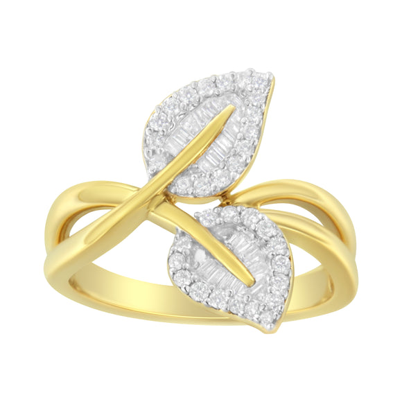 10K Yellow Gold 3/8 Cttw Round and Baguette-Cut Diamond Leaf Cocktail Ring - Size 7 (I-J Color, I1-I2 Clarity)