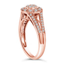 14K Rose Gold Plated .925 Sterling Silver 1/2 Cttw Pave Diamond Halo Cluster Split Shank Cocktail Ring (I-J Color, I1-I2 Clarity) - Size 6-7