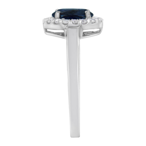 10K White Gold 1/5 Cttw Round Diamond and Prong Set 7MM Created Blue Sapphire Halo Cocktail Ring (H-I Color, I1-I2 Clarity) - Size 7