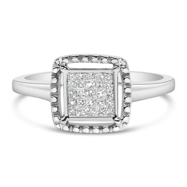 .925 Sterling Silver 1/5 Cttw Invisible Set Princess Cut Diamond Promise Ring with Beaded Halo (H-I Color, I1-I2 Clarity) - Ring Size 7