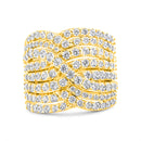 10K Yellow Gold 3.0 Cttw Diamond Eight-Row Bypass Crossover Statement Band Ring (H-I Color, I2-I3 Clarity) - Size 7-6