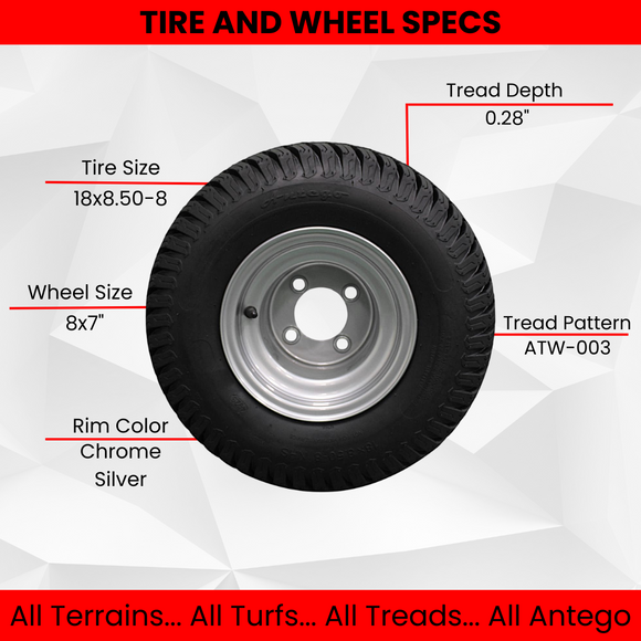 (Set of 2) 18x8.50-8 with 8x7 Hustler Chrome Silver Assembly.