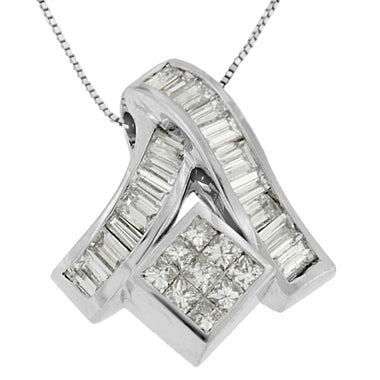 14K White Gold 1 7/8 cttw Princess and Baguette Cut Mixed Geometry Diamond Pendant Necklace (G-H, SI1-SI2) - 0