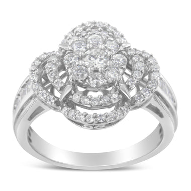 14K White Gold 1.0 Cttw Round & Baguette Cut Diamond Floral Cluster Quatrefoil Channel Set Band Cocktail Statement Ring (H-I Color, SI2-I1 Clarity) - Size 6-3/4 - 0