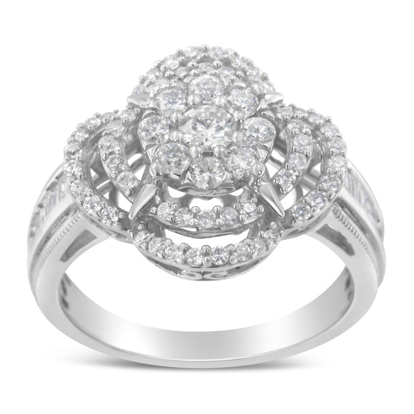 14K White Gold 1.0 Cttw Round & Baguette Cut Diamond Floral Cluster Quatrefoil Channel Set Band Cocktail Statement Ring (H-I Color, SI2-I1 Clarity) - Size 6-3/4
