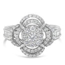 14K White Gold 1.0 Cttw Round & Baguette Cut Diamond Floral Cluster Quatrefoil Channel Set Band Cocktail Statement Ring (H-I Color, SI2-I1 Clarity) - Size 6-3/4-3
