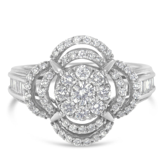 14K White Gold 1.0 Cttw Round & Baguette Cut Diamond Floral Cluster Quatrefoil Channel Set Band Cocktail Statement Ring (H-I Color, SI2-I1 Clarity) - Size 6-3/4