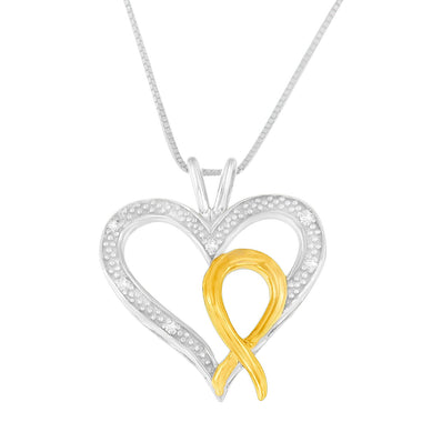 .925 Sterling Silver Two Toned 1/25 cttw Diamond Heart-Ribbon Pendant Necklace (I-J, I2-I3) - 0