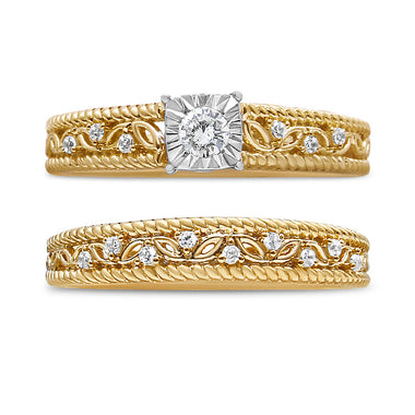 14K Yellow Gold Plated .925 Sterling Silver 1/5 Cttw Diamond Art Deco Style Engagement Ring Bridal Set (I-J Color, I3 Clarity) - Ring Size 7 - 0