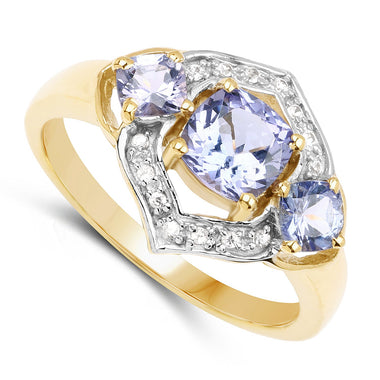 14K Yellow Gold Plated 1.58 Carat Genuine Tanzanite and White Topaz .925 Sterling Silver Ring - 0