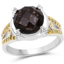 3.28 Carat Genuine Smoky Quartz, Yellow Diamond & White Diamond .925 Sterling Silver Ring-1