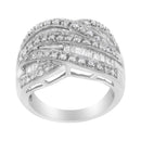 .925 Sterling Silver 1.0 Cttw Channel Set Alternating Round and Baguette Diamond Cross-over Bypass Ring Band (I-J Color, I2-I3 Clarity) - Size 7-3