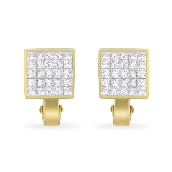 14K Yellow Gold 3-1/5 Cttw Princess Cut Diamond Â¾ Square Invisible Set Grid Huggy Style Omega Back Stud Earrings (G-H Color, VS1-VS2 Clarity)