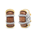 18K Yellow and White Gold Flash Plated .925 Sterling Silver Clear Brown Enamel 9/10 Cttw Round Diamonds Huggie Hoop Earrings (F-G Color, VS1-VS2 Clarity)-2
