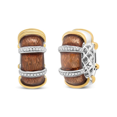18K Yellow and White Gold Flash Plated .925 Sterling Silver Clear Brown Enamel 9/10 Cttw Round Diamonds Huggie Hoop Earrings (F-G Color, VS1-VS2 Clarity) - 0