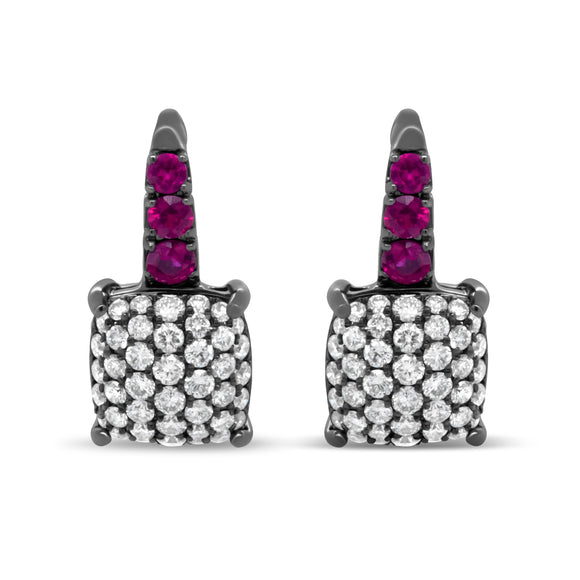 Black Rhodium Plated 18K White Gold 7/8 Cttw Round Diamond and Graduated Red Ruby Drop Earrings (F-G Color, VS1-VS2 Clarity)