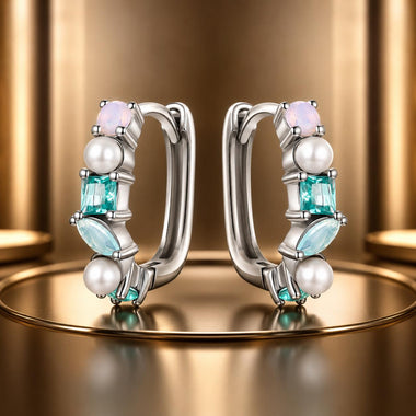 925 Sterling Silver Earrings with Nano Opal, Shell Pearl and Glass, 1.4cm for Women