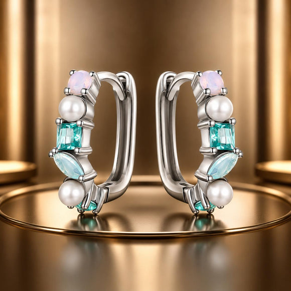 925 Sterling Silver Earrings with Nano Opal, Shell Pearl and Glass, 1.4cm for Women
