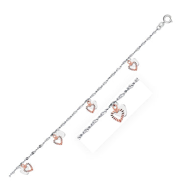 14k White and Rose Gold Anklet with Dual Heart Charms - 0