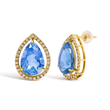 18K Yellow Gold 9x13 MM Blue Flourite Pear Halo Stud Earrings 1/2 Cttw Diamond - 0