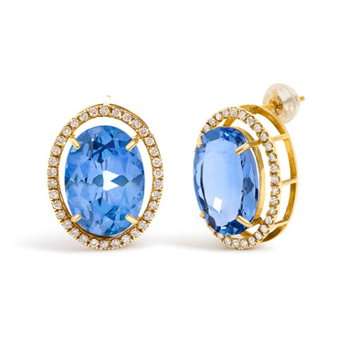 18K Yellow Gold 11x14MM Blue Fluorite Oval Stud Earrings with 1/2 Cttw Diamond Halo - 0