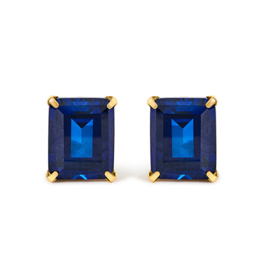 18K Yellow Gold 10x8 MM Lab Created Blue Sapphire Emerald Cut Solitaire Stud Earrings