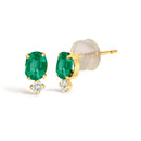 18K Yellow Gold Oval Green Emerald and Diamond Double Drop Stud Earrings-2