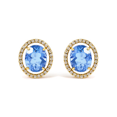 18K Yellow Gold 8X10 MM Blue Fluorite Oval and 1/2 Cttw Diamond Halo Stud Earrings