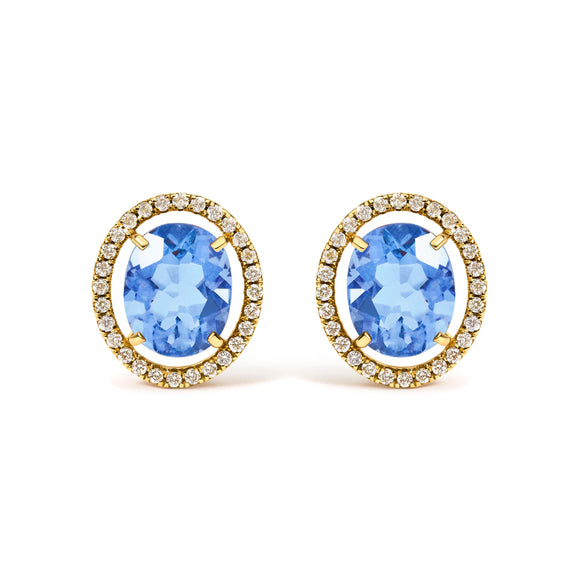18K Yellow Gold 8X10 MM Blue Fluorite Oval and 1/2 Cttw Diamond Halo Stud Earrings