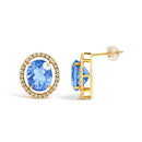 18K Yellow Gold 8X10 MM Blue Fluorite Oval and 1/2 Cttw Diamond Halo Stud Earrings-3