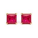 18K Yellow Gold 7x7 MM Created Red Ruby Princess Cut Solitaire Stud Earrings-1