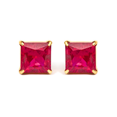 18K Yellow Gold 7x7 MM Created Red Ruby Princess Cut Solitaire Stud Earrings