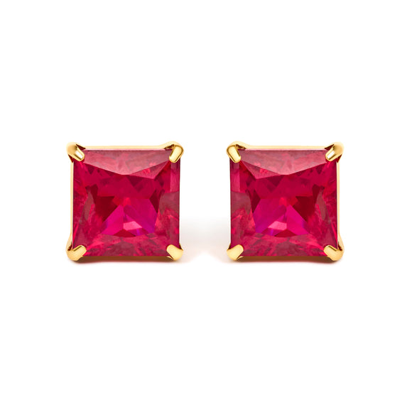 18K Yellow Gold 7x7 MM Created Red Ruby Princess Cut Solitaire Stud Earrings