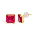 18K Yellow Gold 7x7 MM Created Red Ruby Princess Cut Solitaire Stud Earrings-2