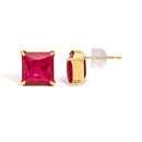 18K Yellow Gold 7x7 MM Created Red Ruby Princess Cut Solitaire Stud Earrings-3