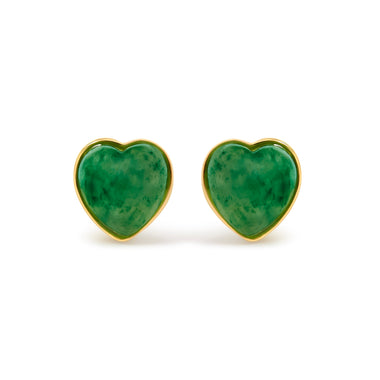 18K Yellow Gold 9x8 MM Bezel Set Green Jade Heart Stud Earrings