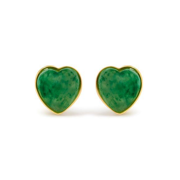 18K Yellow Gold 9x8 MM Bezel Set Green Jade Heart Stud Earrings