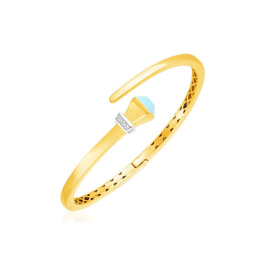 14k Yellow Gold Crossover Style Hinged Bangle Bracelet with Turquoise and Diamonds - 0