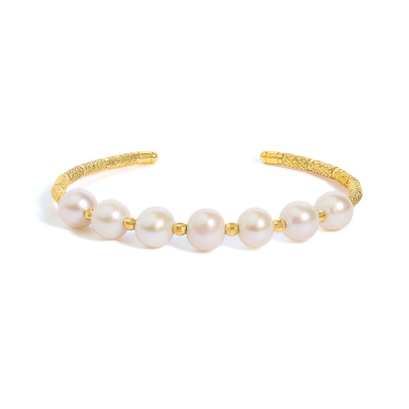 18K Yellow Gold Freshwater Pearl Cuff Bangle Bracelet