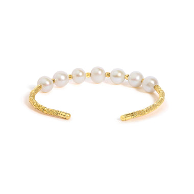 18K Yellow Gold Freshwater Pearl Cuff Bangle Bracelet - 0