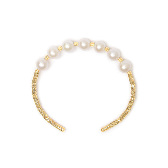 18K Yellow Gold Freshwater Pearl Cuff Bangle Bracelet